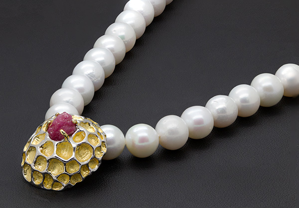 Zaveris Sterling Silver Uncut Ruby and 9-10mm Pearl Necklace