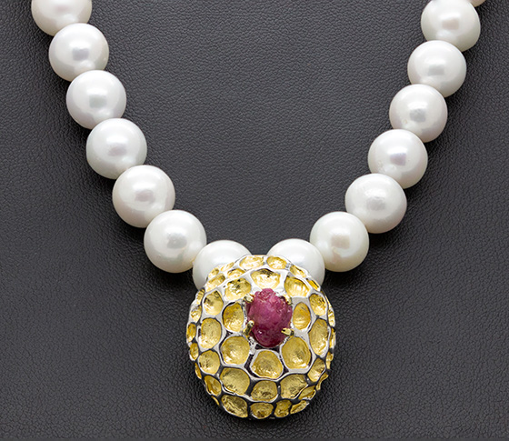 Zaveris Sterling Silver Uncut Ruby and 9-10mm Pearl Necklace