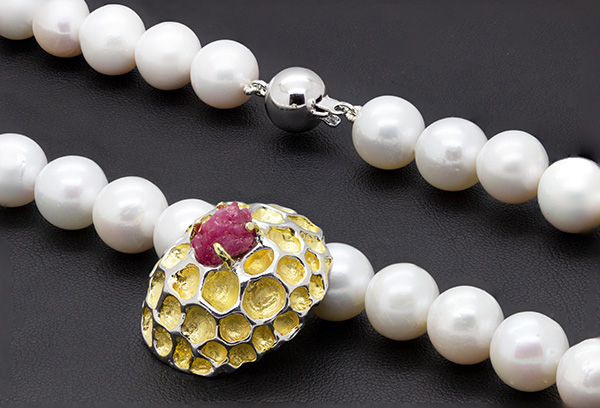 Zaveris Sterling Silver Uncut Ruby and 9-10mm Pearl Necklace