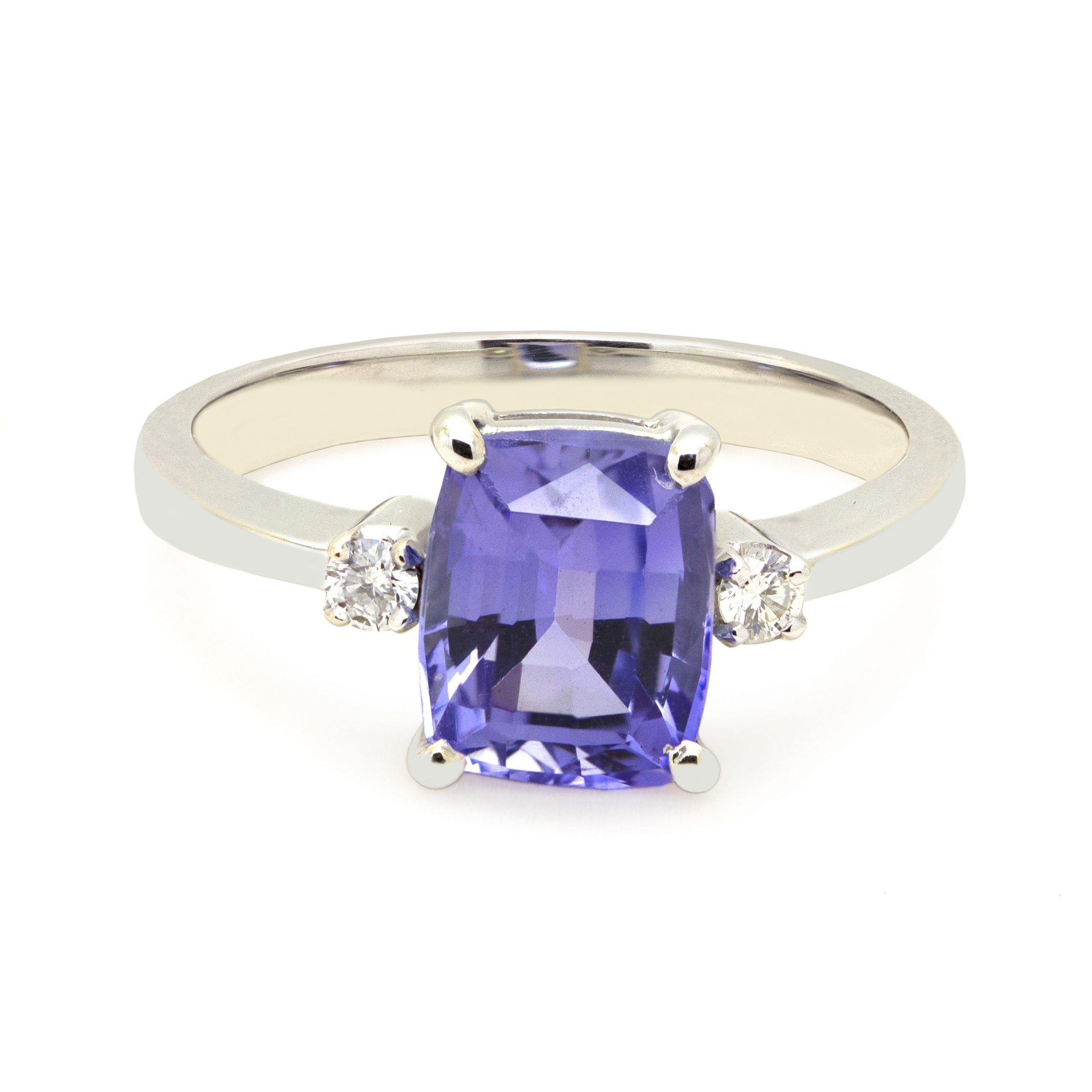 Zaveris 18 Carat White Gold Four Prong Clasp Tanzanite and Side Stone Diamond Ring