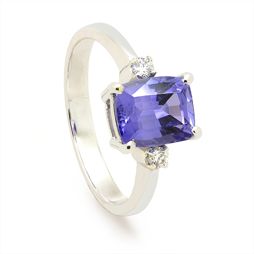 Zaveris 18 Carat White Gold Four Prong Clasp Tanzanite and Side Stone Diamond Ring