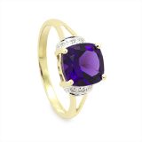 Yellow Gold Cushion Cut Amethyst and Diamond Ring