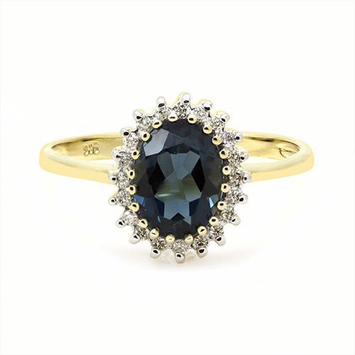 Zaveris 9 Carat Yellow Gold Prong Set London Blue Topaz and Halo Diamond Ring