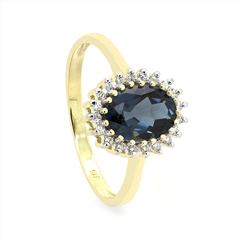 Zaveris 9 Carat Yellow Gold Prong Set London Blue Topaz and Halo Diamond Ring