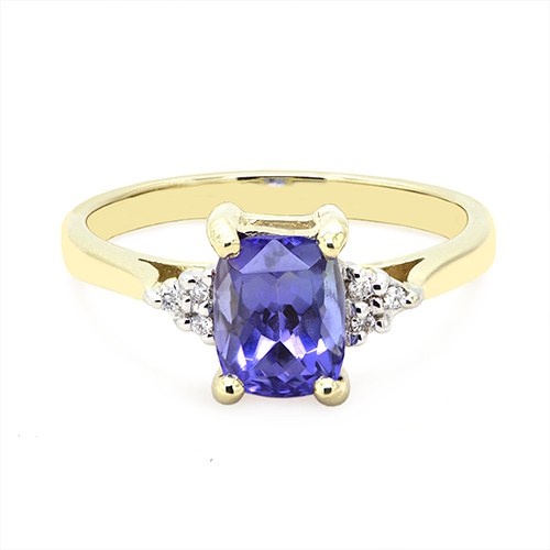 Zaveris 9 Carat Yellow Gold Tanzanite and Side Stone Diamond Engagement Ring