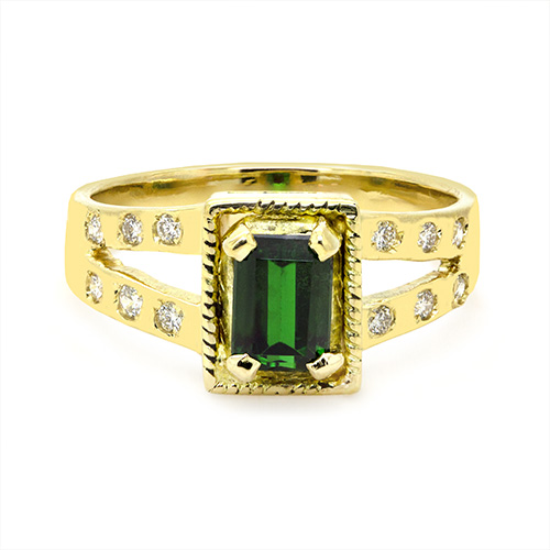 Zaveris Split Shank 18 Carat Yellow Gold Tsavorite and Gypsy Diamond Engagement Ring