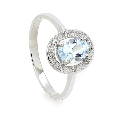 Zaveris 9 Carat White Gold Aquamarine and Halo Diamond Engagement Ring