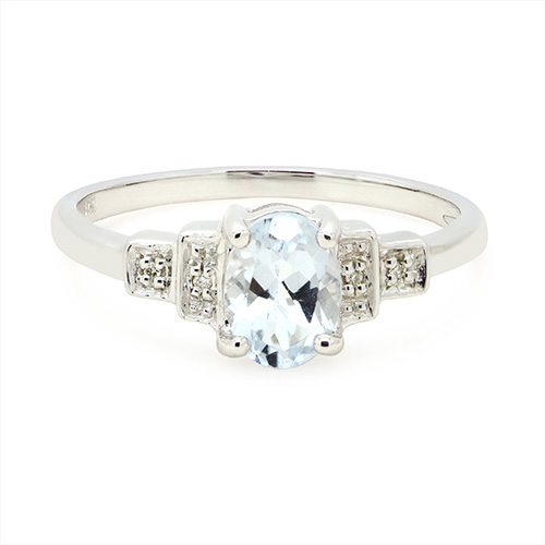 Zaveris 9 Carat White Gold Aquamarine and Step Pave Diamond Engagement Ring