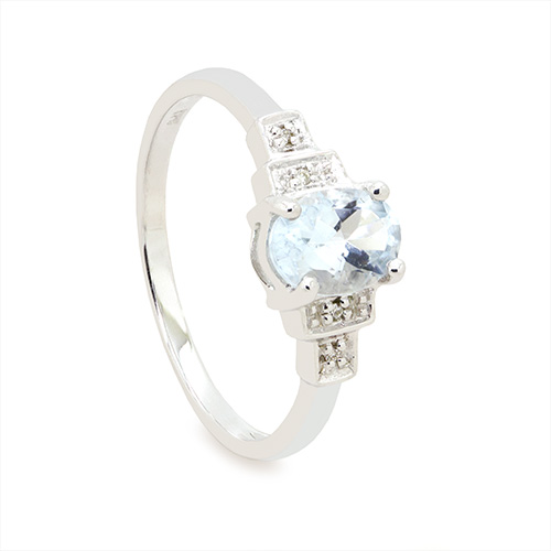 Zaveris 9 Carat White Gold Aquamarine and Step Pave Diamond Engagement Ring