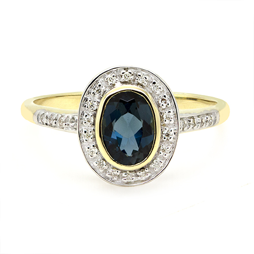 Zaveris 9 Carat Yellow Gold Oval Cut London Blue Topaz and Halo Diamond Ring