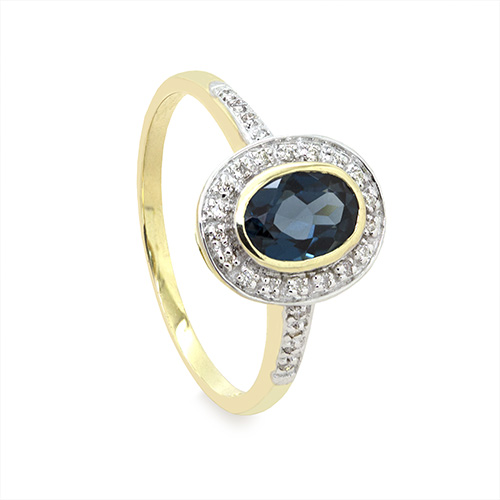 Zaveris 9 Carat Yellow Gold Oval Cut London Blue Topaz and Halo Diamond Ring