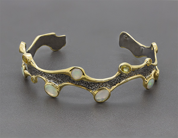 Zaveris Sterling Silver Ethiopian Opal and Yellow Sapphire Bangle