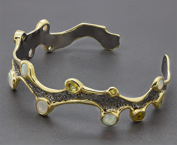 Zaveris Sterling Silver Ethiopian Opal and Yellow Sapphire Bangle