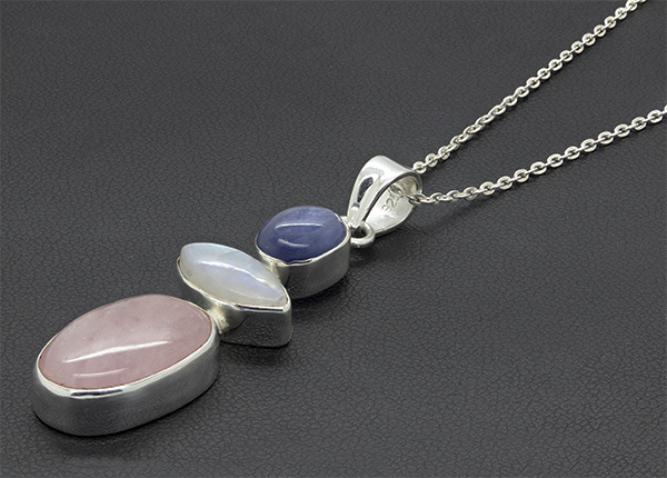 Zaveris Sterling Silver Morganite, Rainbow Moonstone and Kyanite Necklace