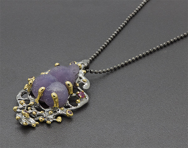 Zaveris Sterling Silver Manakara Grape Druzy, Ruby and Sapphire Pendant