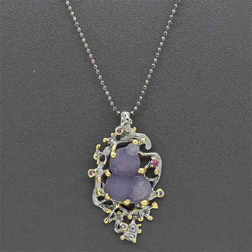 Zaveris Sterling Silver Manakara Grape Druzy, Ruby and Sapphire Pendant