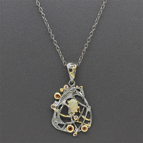 Zaveris Sterling Silver Ethiopian Opal, Rhodolite and Sapphire Pendant