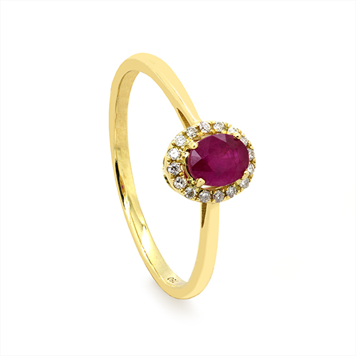 Zaveris 18 Carat Yellow Gold Oval Cut Ruby and Diamond Halo Ring