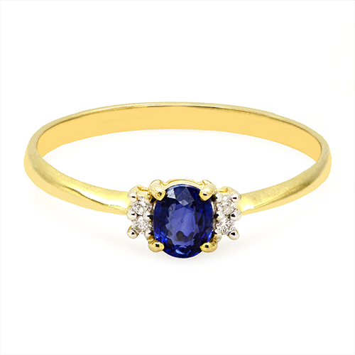 Zaveris 9 Carat Yellow Gold Four Prong Blue Sapphire and Duo Diamond Ring