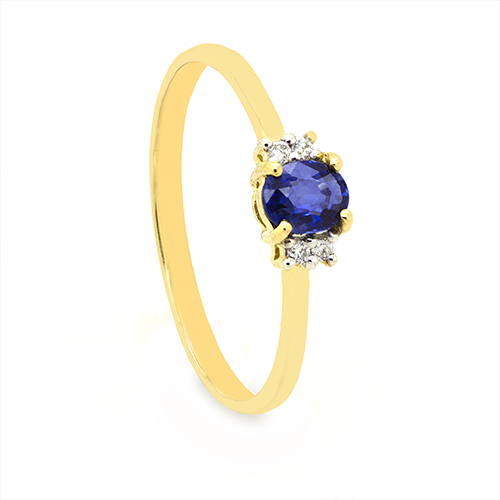 Zaveris 9 Carat Yellow Gold Four Prong Blue Sapphire and Duo Diamond Ring