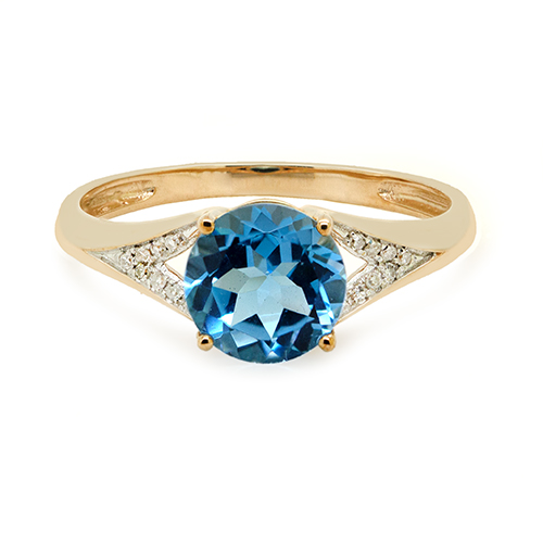 Zaveris 14 Carat Yellow Gold Round Cut Blue Topaz and Channel Diamond Ring
