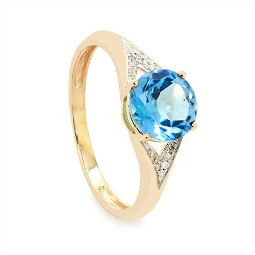 Zaveris 14 Carat Yellow Gold Round Cut Blue Topaz and Channel Diamond Ring