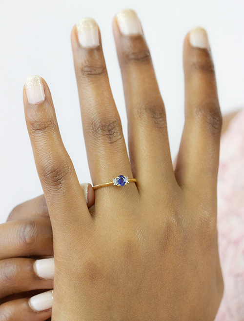Zaveris 9 Carat Yellow Gold Four Prong Blue Sapphire and Duo Diamond Ring