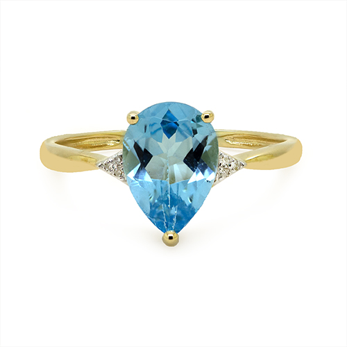Zaveris 14 Carat Yellow Gold Tear Drop Blue Topaz and Side Stone Diamond Ring