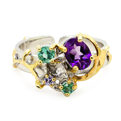 Zaveris Sterling Silver Amethyst, Emerald and Tanzanite Ring
