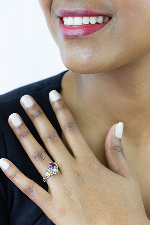 Zaveris Sterling Silver Amethyst, Emerald and Tanzanite Ring