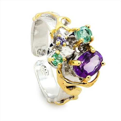 Zaveris Sterling Silver Amethyst, Emerald and Tanzanite Ring