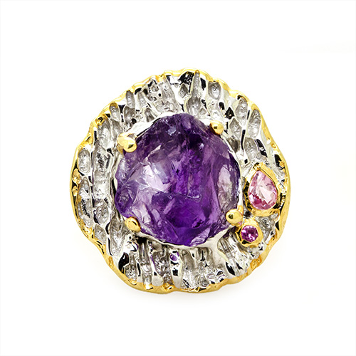 Zaveris Sterling Silver Round Cut Amethyst and Pink Sapphire Ring