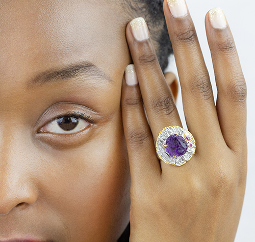 Zaveris Sterling Silver Round Cut Amethyst and Pink Sapphire Ring