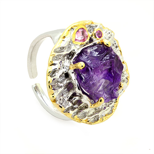 Zaveris Sterling Silver Round Cut Amethyst and Pink Sapphire Ring