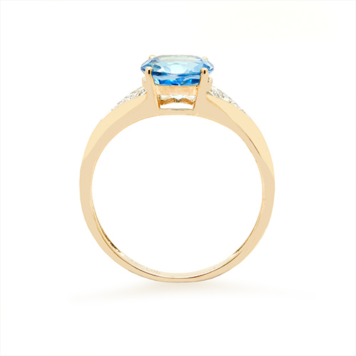 Zaveris 14 Carat Yellow Gold Round Cut Blue Topaz and Channel Diamond Ring