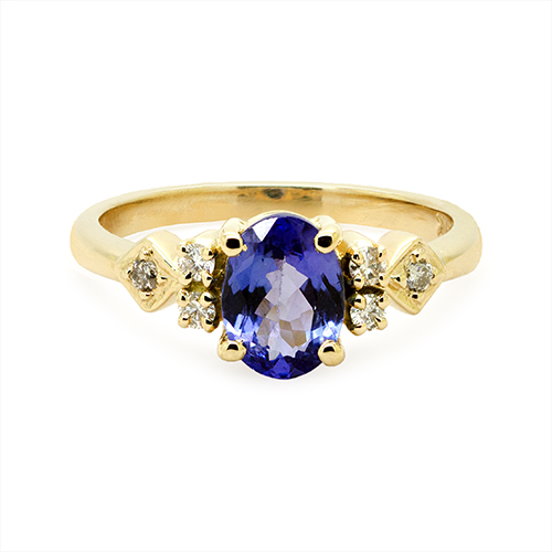 Zaveris 18 Carat Yellow Gold Oval-Cut Tanzanite and Three Stone Diamond Ring