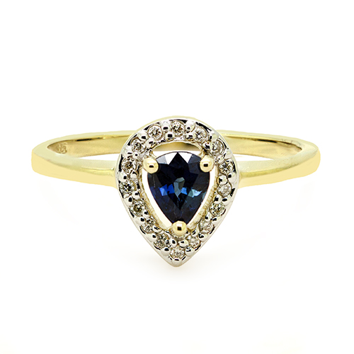Zaveris 9 Carat Yellow Gold Tear Drop Sapphire and Diamond Ring