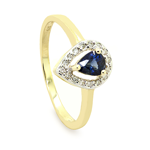 Zaveris 9 Carat Yellow Gold Tear Drop Sapphire and Diamond Ring