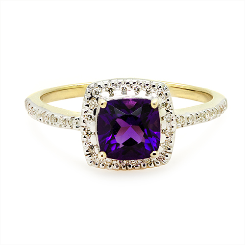 Zaveris 9 Carat Yellow Gold Cushion Cut Amethyst and Diamond Ring