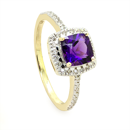 Zaveris 9 Carat Yellow Gold Cushion Cut Amethyst and Diamond Ring