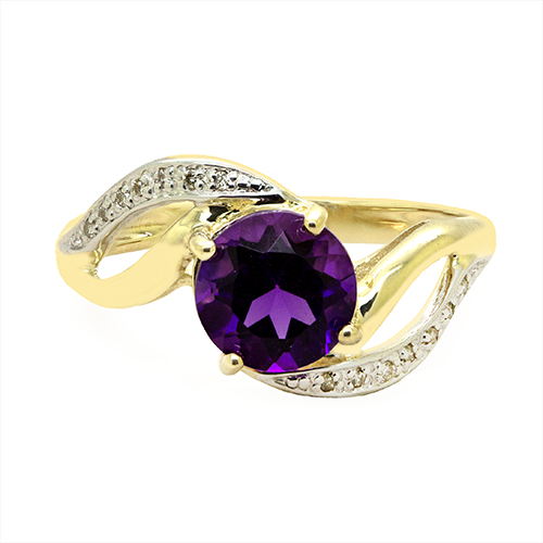Zaveris Split Bypass 9 Carat Yellow Gold Round Amethyst and Diamond Ring