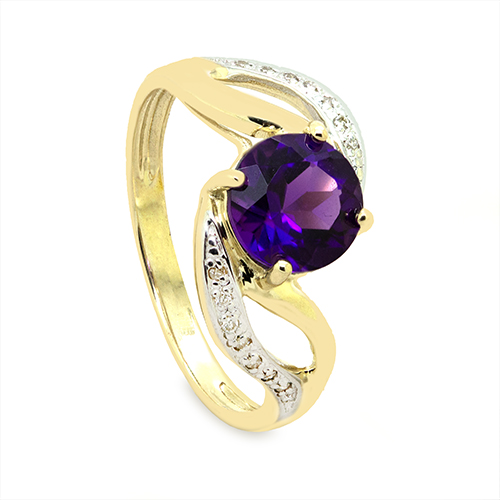 Zaveris Split Bypass 9 Carat Yellow Gold Round Amethyst and Diamond Ring