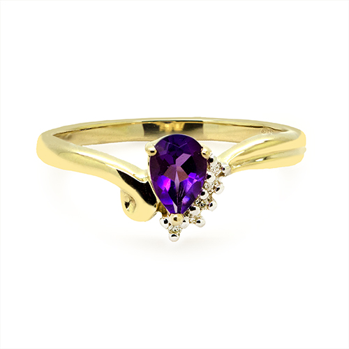 Zaveris 9 Carat Yellow Gold Tear Drop Amethyst and String Diamond Ring