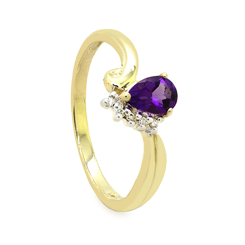 Zaveris 9 Carat Yellow Gold Tear Drop Amethyst and String Diamond Ring