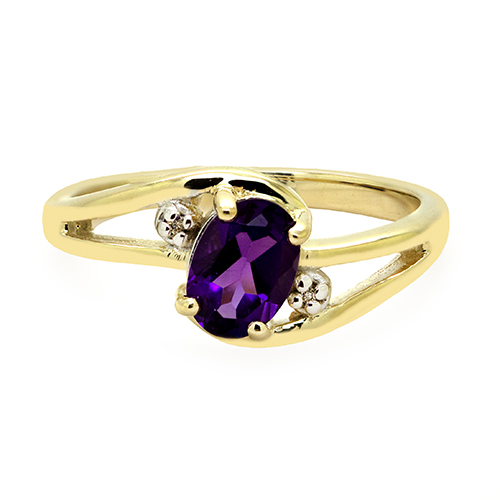 Zaveris 9 Carat Yellow Gold Oval Cut Amethyst and Duo Diamond Ring