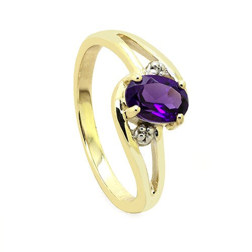 Zaveris 9 Carat Yellow Gold Oval Cut Amethyst and Duo Diamond Ring