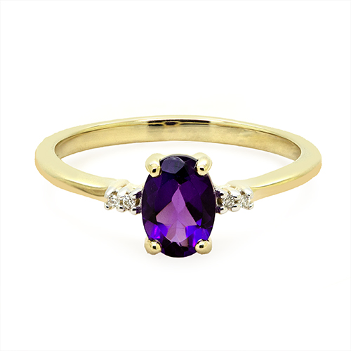 Zaveris 9 Carat Yellow Gold Oval Cut Amethyst and Side Stone Diamond Ring
