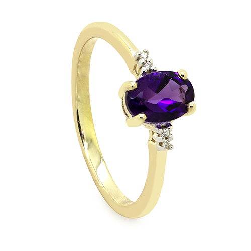 Zaveris 9 Carat Yellow Gold Oval Cut Amethyst and Side Stone Diamond Ring