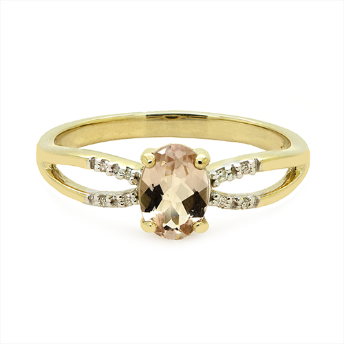 Zaveris 9 Carat Yellow Gold Oval Cut Morganite and Three Stone Diamond Ring