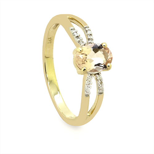 Zaveris 9 Carat Yellow Gold Oval Cut Morganite and Three Stone Diamond Ring